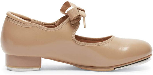 Caramel colored children's elastic and lace-up tap shoe
