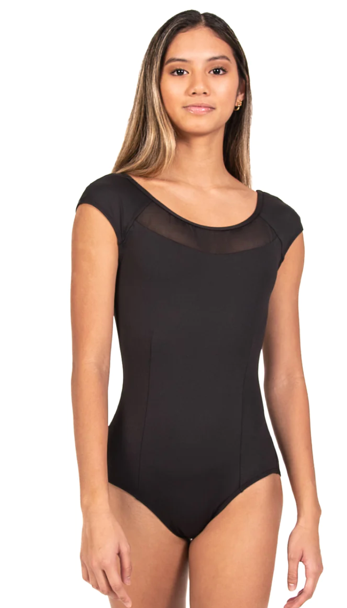 Mesh Neckline Cap Sleeve Leo