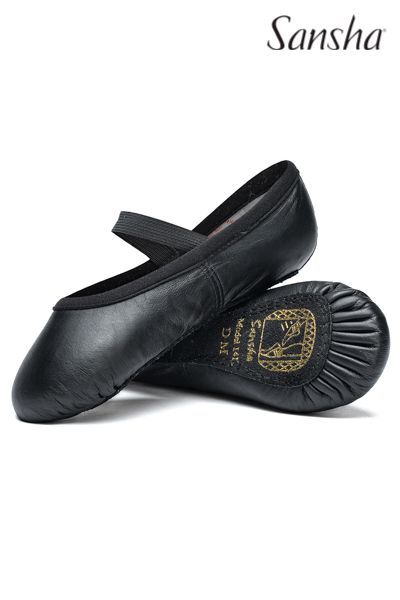 Black Leather Full-Sole Black Ballet Slippers